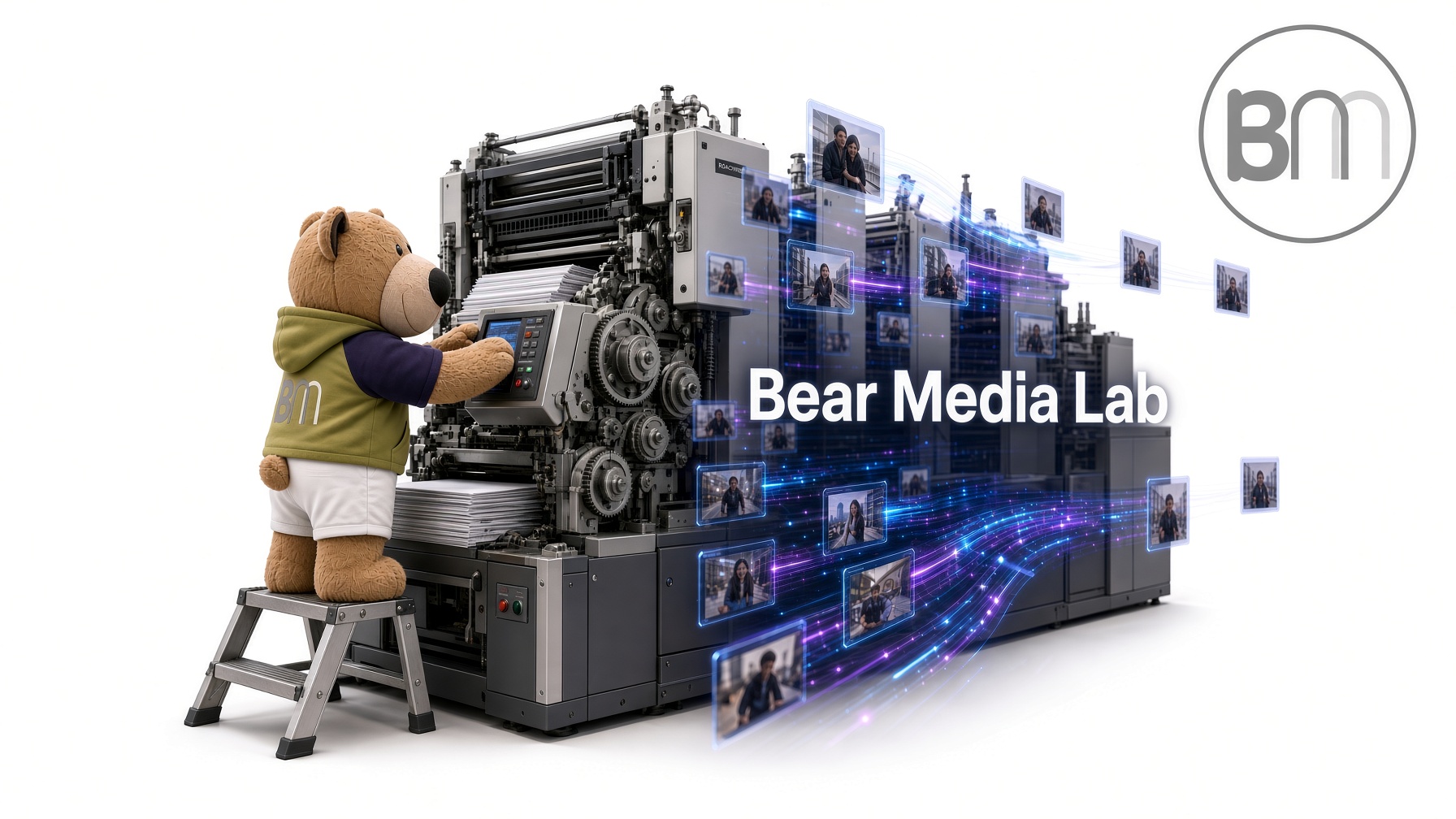 A teddy bear in a Bear Media Lab hoodie stands on a step stool running a printing press that streams out photos and videos.